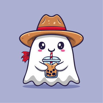 Cute Ghost Cowboy Drinking Boba Tea