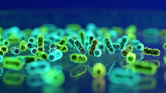 Glowing microbes drifting close-up on dark blue laboratory background for microbiology research, infection analysis, healthcare education, sterile science visuals, and contamination study content.