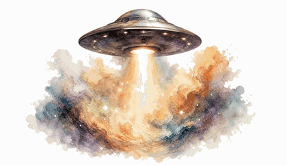 Flying Saucer UFO Above Clouds isolated watercolor vector illustration svg © Arun168