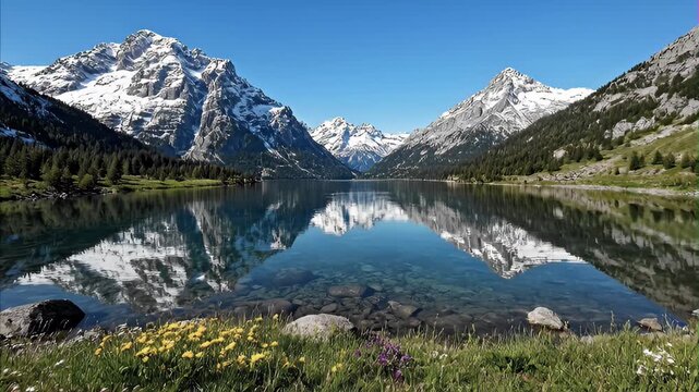 Clear mountain lake reflects snow-capped peaks and pine forest under bright blue sky, wildflowers bloom on foreground shore, pristine alpine landscape showcasing tranquil nature and majestic scenery