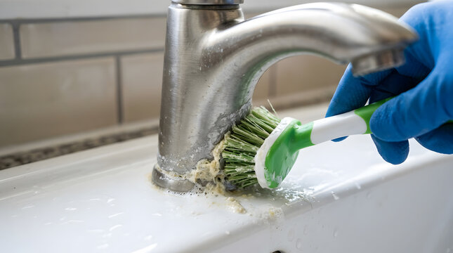 removing hard water stains from faucet | how to clean limescale buildup on bathroom sink | deep cleaning kitchen faucet with scrub brush | professional house cleaning tips for calcium deposits