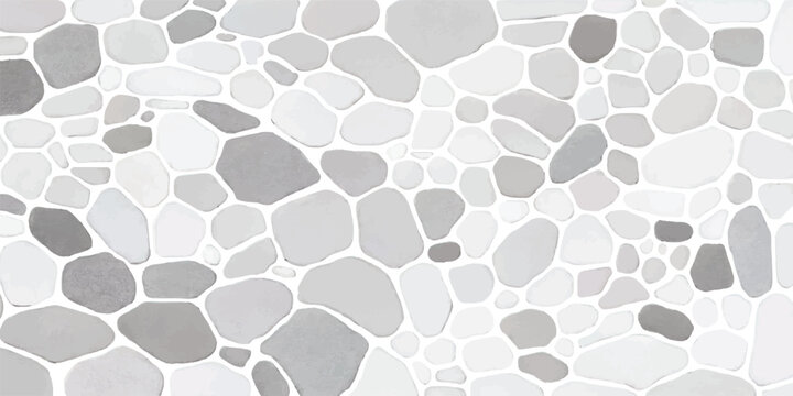 Seamless pattern texture of smooth light gray pebbles and stones arranged in a mosaic with stone pavement background abstract minimalist material decorative structure backdrop geometric
