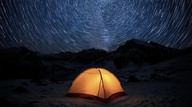 Illuminated camping tent in snowy mountain landscape at night under a clear sky with visible Milky Way and star trails, representing remote outdoor adventure and exploration.