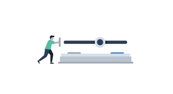 Cartoon character balancing on industrial scale measurement tool.
