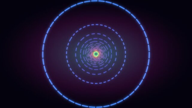 Bright circles of light move in a spiral pattern on a dark background