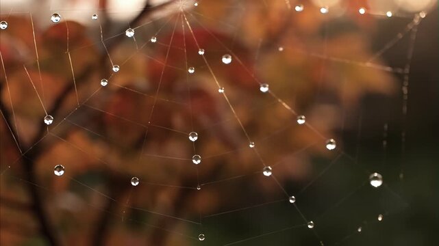 Delicate spider web glistening with sparkling water drops, intricately woven against a vibrant backdrop of blurred orange and red autumn leaves, capturing natural beauty and a peaceful morning moment.