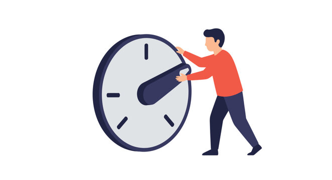Person adjusting large clock hands illustration concept.