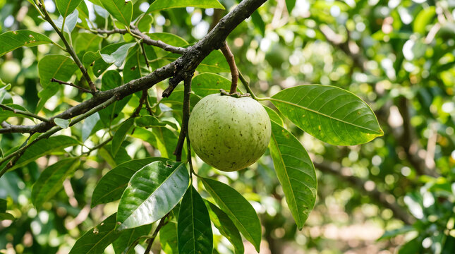 Green mabolo fruit velvet apple hanging on a tree branch with lush leaves