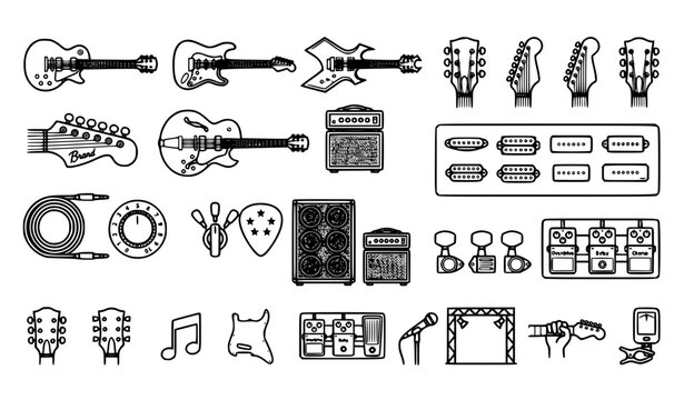 Editable electric guitar icon collection with music instrument and amplifier vector symbols