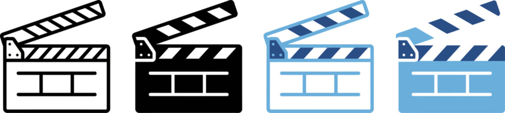 Four color variations of movie clapper board icons on transparent background