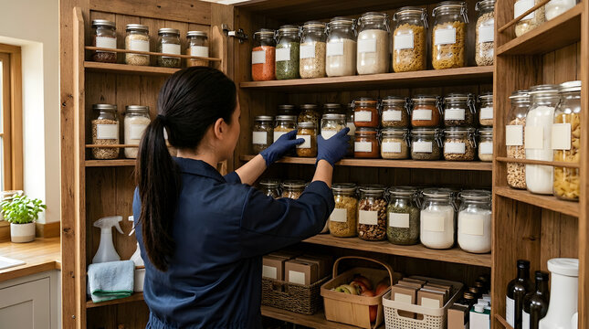 professional kitchen pantry organization | house cleaning service arranging cupboards | labeled glass jars storage solutions | minimalist home pantry ideas