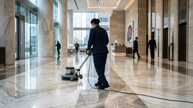 professional commercial floor cleaning services | marble floor polishing in luxury hotel lobby | industrial floor buffer machine at work | janitorial staff cleaning office building reception