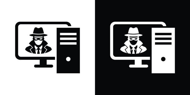 Computer hacking and cyber crime icon vector. Black and white graphic of a masked anonymous hacker appearing on a desktop computer monitor.
