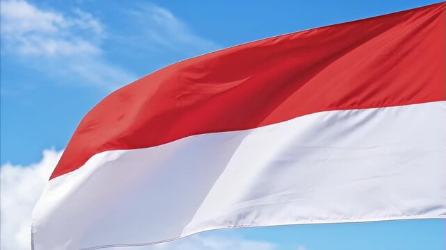 Flag of Indonesia, red and white fabric banner, waving gracefully against bright blue sky with soft clouds, symbolizing national pride and freedom of Indonesia August 17 Independence Day Indonesia