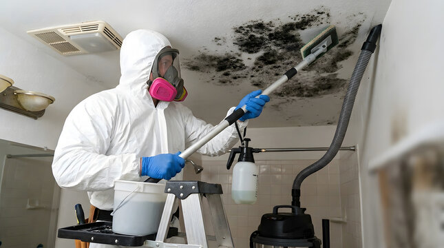 Professional black mold remediation service | Worker in hazmat suit removing ceiling mold | Residential mold removal and decontamination