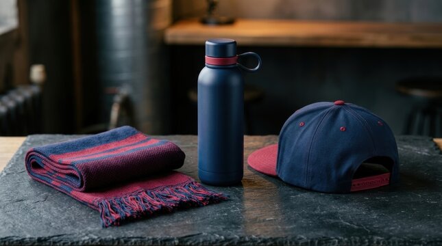 Navy blue insulated water bottle with red accent red and blue plaid scarf and matching baseball cap on dark stone surface in rustic setting