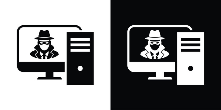 Computer hacking and cyber crime icon vector. Black and white graphic of a masked anonymous hacker appearing on a desktop computer monitor.