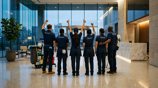 professional commercial cleaning services team | diverse janitorial crew cheering in office lobby | happy cleaners posing with equipment cart | corporate building maintenance staff success