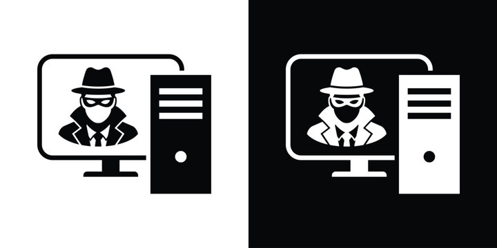 Computer hacking and cyber crime icon vector. Black and white graphic of a masked anonymous hacker appearing on a desktop computer monitor.