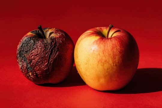 One fresh apple sits beside a shriveled rotten apple. Contrast of good versus bad food. Decay and spoilage concept. Healthy food comparison. spoilage.