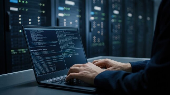 Cybersecurity: Ethical hacker performing penetration testing in secure server room 