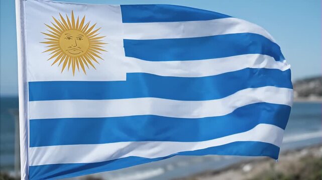 Vibrant flag of Uruguay gently waves in wind outdoors, bright sun illuminates fabric against clear blue sky, beach coastline and ocean waters visible in background August 25 Independence Day of Urugua