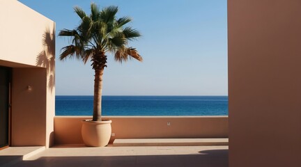Obraz premium Terrace with palm tree overlooks blue ocean under clear sky. Modern minimalist architecture and warm pastel walls create tranquil seaside resort vibe.