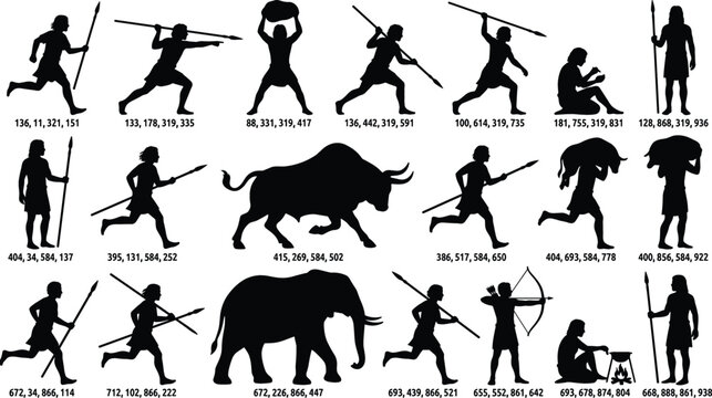 Stone Age Caveman Hunter Silhouette Vector Icon Set with Prehistoric Mammoth Bull Spear and Bow Elements for Historical Education, Tribal Gaming, and Archeology Designs