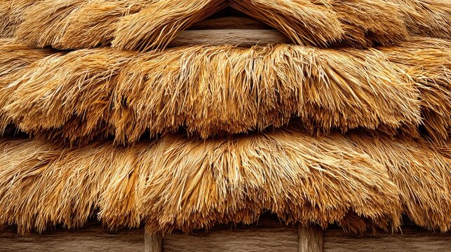Straw thatch texture, dried yellow grass roof, layered organic material, tropical hut background, rustic farm style 