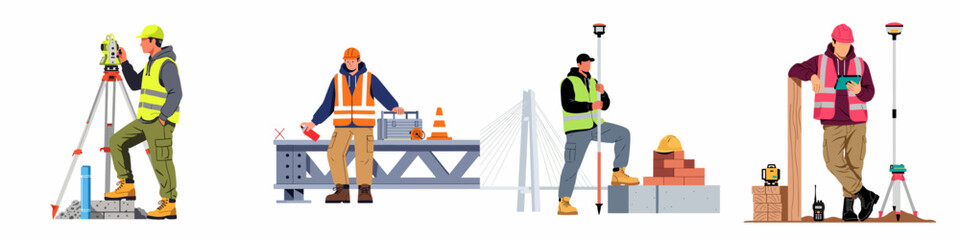 Fototapeta premium Professional Land Surveyors and Civil Engineers Using Specialized Equipment for Topographic Mapping and Construction Site Measurement in a Flat Vector Illustration