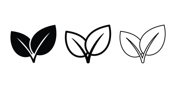 Two leaves icon silhouette vector, bold outline and line art design