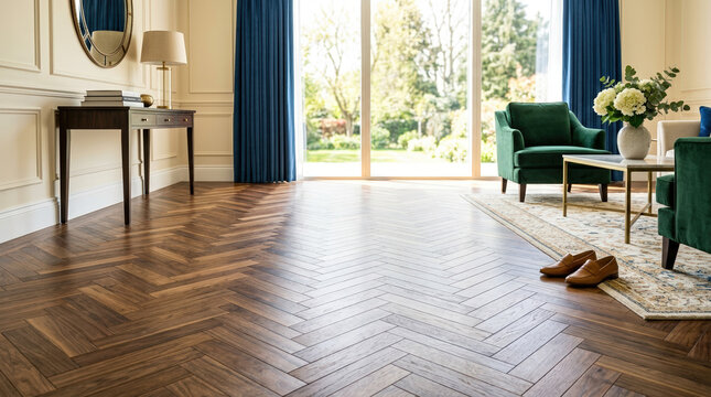 Elegant living room interior with dark wood herringbone floor. Classic house with green velvet armchairs and garden view. Luxury real estate