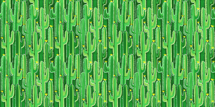 Green cactus design in batik style. Seamless repeat pattern