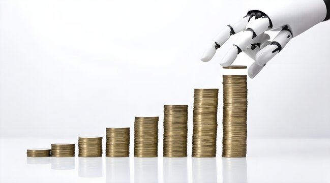 Artificial intelligence robot hand that stacks coins into a coin ladder stack