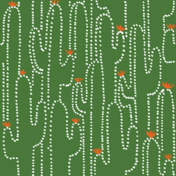 Green cactus design in batik style. Seamless repeat pattern