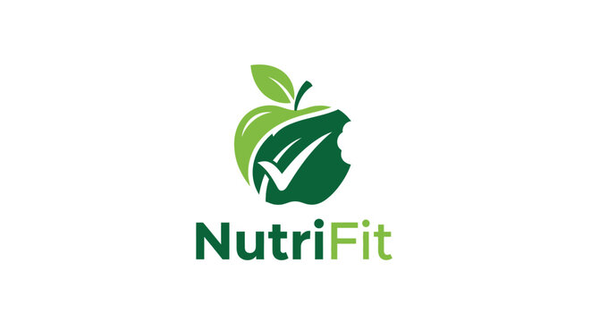 NutriFit Logo: Green Apple with Bite Mark and Checkmark - Healthy Nutrition and Fitness Concept