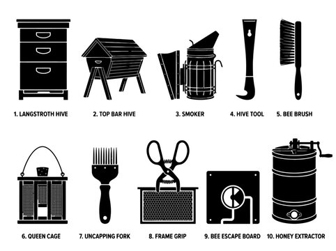 Beekeeping Equipment Icon Set Featuring Beehive, Smoker, Hive Tool, Brush, Queen Cage, Uncapping Fork, Frame Grip, and Honey Extractor