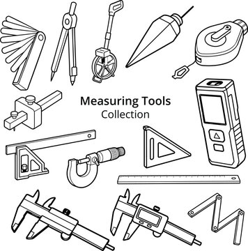 Construction Measuring Tools Collection Black and White Vector Illustration Set
