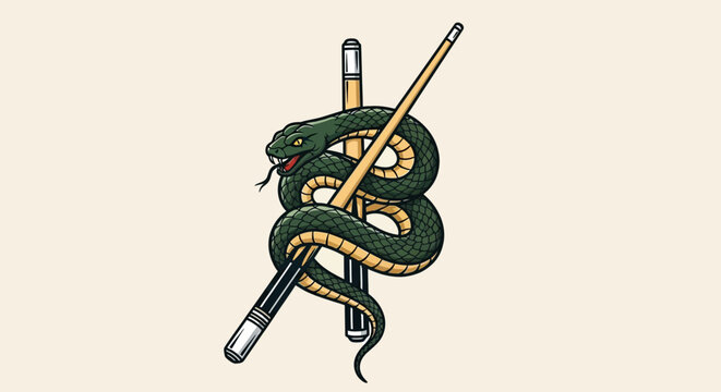 Green Snake Coiled Around Billiard Pool Cues