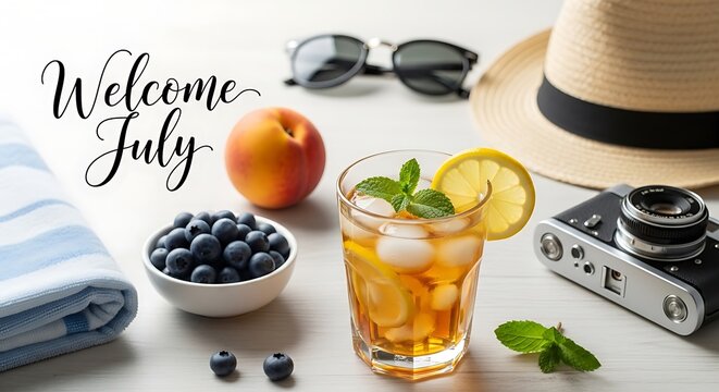 Fresh summer fruits and drinks with welcome July text.