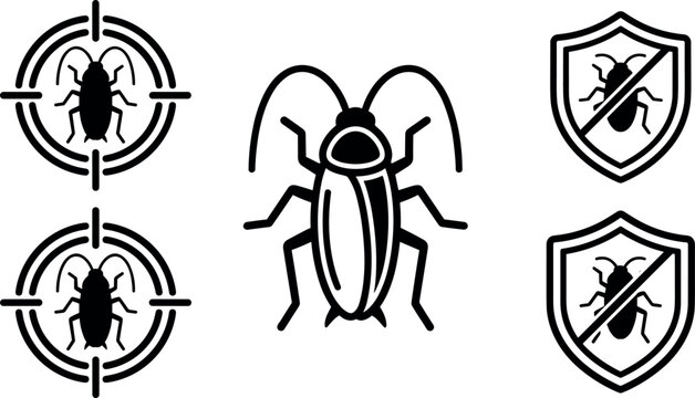 Cockroach Pest Control Vector Icon Set Featuring Insect Extermination Targets and Bug Protection Shield Symbols for Exterminator Service Graphic Designs