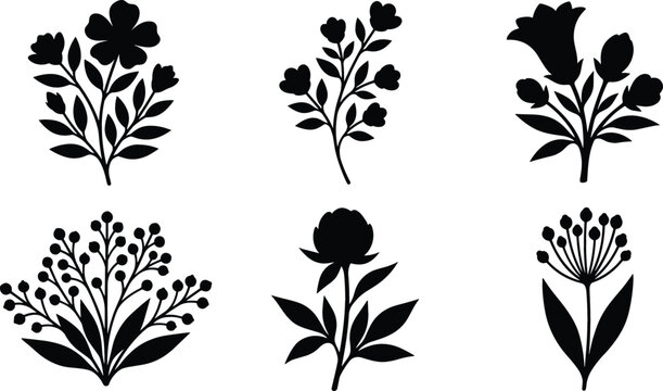 Elegant Wildflower Silhouette Icon Set with Peony Bellflower and Berry Branch Vector Elements for Wedding Stationery, Cosmetic Branding, and Natural Product Packaging