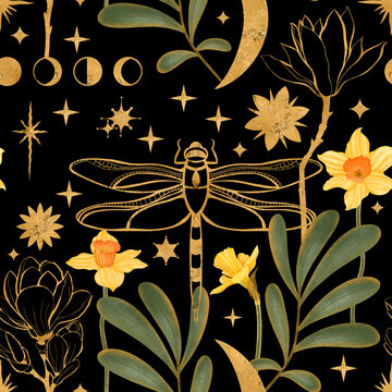 Mesmerizing seamless print in a witchy style. An elegant golden outline of a dragonfly, moon phases, shining stars, and crescent moons sit alongside detailed yellow daffodils on a deep black backgroun
