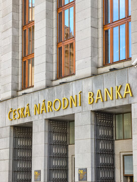 Prague, Czech Republic - June 19, 2026: Exterior of the Czech National Bank headquarters with official signage, institutional architecture and central banking functions related to finance. Vertical 