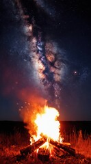 Fototapeta premium Campfire burns bright under starry sky. Milky Way galaxy arcs over dark landscape. Warm flames light up grassy field at night. Peaceful outdoor scene.