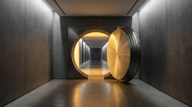 Massive brushed steel vault door cracked open to reveal glowing golden light, symbolizing secure financial investments and exclusive access