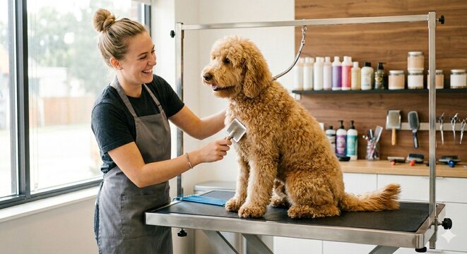 Groomer brushing dog on professional table