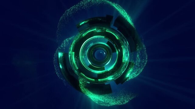 Futuristic abstract quantum computer core with rotating mechanical rings and glowing neon green particle streaks
