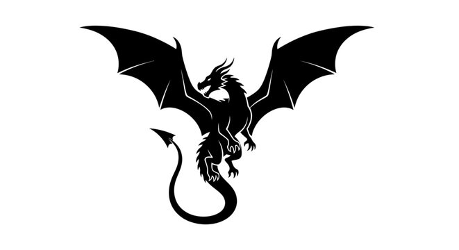 Black Dragon Silhouette with Wings Spread Wide, Mythical Creature Flying