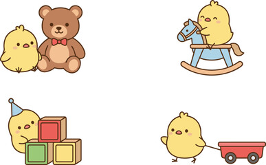Fototapeta premium Cute Baby Chick Character Collection Featuring Teddy Bear, Rocking Horse, Toy Blocks, and Wagon in Adorable Cartoon Nursery Scenes
